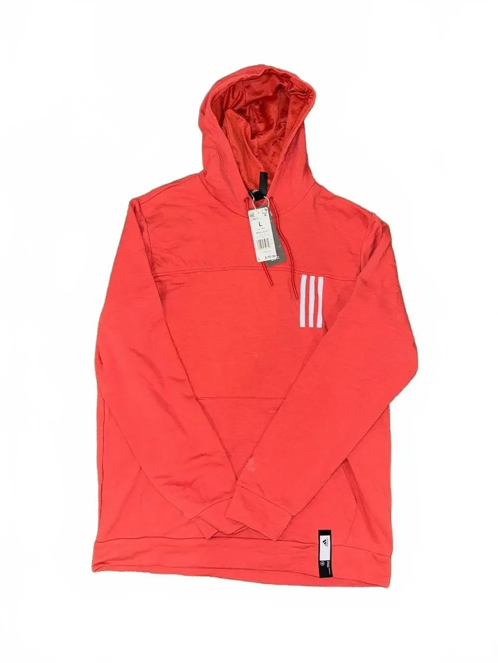 Men’s Adidas coral red hoodie with iconic three stripes Size L new with tags
